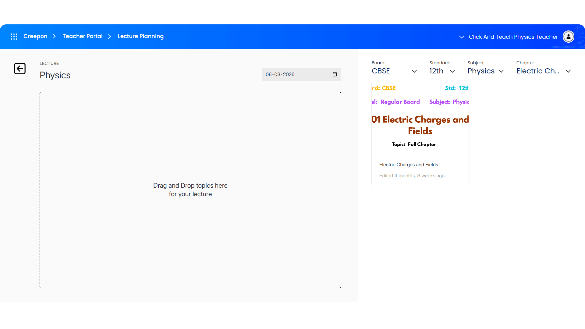 Lecture planning screen with topic builder and chapter filters